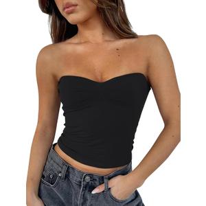 ForeFair Women's Sexy Strapless Tube Tops Backless Bandeau Sleeveless Basic Going Out Tops Summer Tank Top (Black)