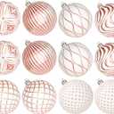 Lanpn 12 Pcs 4" Large Christmas Balls Ornaments, Outdoor Xmas Tree Hanging Decorations, Shatterproof Christmas Ball Ornament Set for Home Winter Holiday, Assorted Relief Pattern, White & Rose Gold