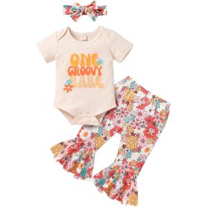 YOUNGER TREE Baby Girl 1st Birthday Outfit - My First Birthday Romper & Flared Pants (12-18 Months, Groovy One)