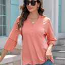3/4 Length Sleeve Womens Tops Dressy Casual Blouses for Women 2025 Henley V Neck Shirts Loose Fit Tunic Tops (Pink, M)