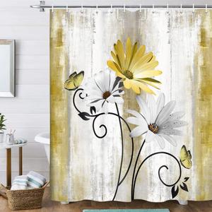 Rustic Farmhouse Shower Curtain, Farm Yellow Daisy Floral Flowers and Butterfly on Country Wooden Shower Curtain for Bathroom, Yellow Bathroom Shower Curtains with 12PCS Hooks, 70X70IN