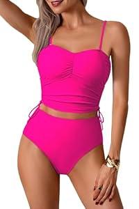 Pink Queen Sexy Tankini Swimsuit for Women High Waisted Bathing Suit Summer Ruched Crop Top Beachwear Removable Adjustable Straps Padded Bra Bikini Top Swimsuit Set Rose Red L