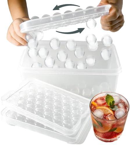 Premium Durable Round Ice Ball Maker Mold - 3 Trays w/Ice Bucket & Scoop (96 Spheres) - Stackable Plastic Ice Ball Maker for Cocktails & Water Bottles  Ultimate Ice Mold for Cool Ice Drinks - Clear