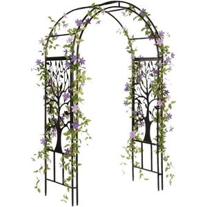 Plow & Hearth Metal Garden Arch Trellis Arbor Tree of Life Panels, 7 feet Freestanding Outdoor Arch Trellis for Climbing Plants, Pathway Entry and Wedding Garden Decor