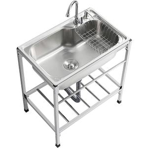 Outdoor Garden Sink Single Trough For Washing, Small Stainless Steel Utility Kitchen Hand Basin Station Sink Tub with Storage Shelve and Faucet, for Restaurant, Bar, Laundry, Garage, Backyard(60*45*80 (60*45*80cm/23.6*17.7*31.4in)