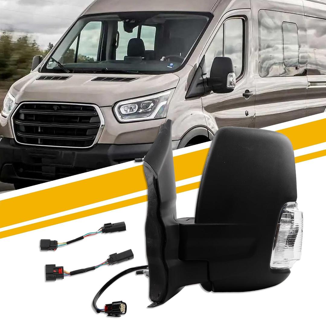 Dasbecan Left Driver Side Mirror Compatible with 2015-2025 Ford Transit 150 250 350 Door Mirror Power Heated, Turn Light, Manual Folding, Matte Black, Short Arm