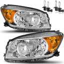 Headlights for 2006 2007 2008 Toyota RAV4 | Halogen Headlamp Replacement with High Low Beam Bulbs, Chrome Housing Amber Reflector, Driver & Passenger Side