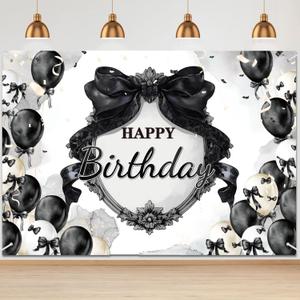 Tiamon Black Bow Birthday Party Backdrop 7 x 5 ft Coquette Happy Birthday Decorations Black and White Bow Photo Backdrop for Girls Women Coquette Party Photography Background
