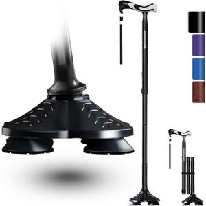 KingPavonini Walking Cane for Men Women Stability, Free Standing Foldable Cane, Ergonomic Handle Pivoting Quad Base, Heavy Duty 350 LBs, Adjustable Walking Canes for Seniors Balance with Travel Bag, Black