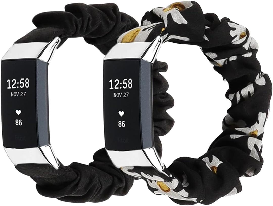 Compatible with Fitbit Charge 2 Scrunchie Bands Elastic Watch Strap for Women Large Small Stretchy Cute Fabric Adjustable Wristband Scrunchy Bracelet (Black/Chrysanthemum)