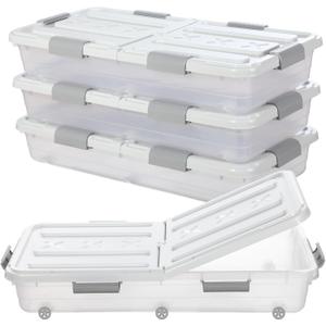 Beeveer 4 Pcs Plastic Under Bed Storage Container with Double Opening Lid Wheel Handle, Transparent Large Capacity Stackable Latching Festival Storage Bin for Closet Bedroom, 31.5x15.8x5.2 In(White)