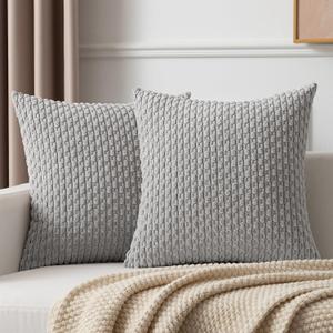 Kevin Textile Decorative Throw Pillow Covers Corduroy Square Boho Cushion Cover with Stripes Cases for Bedroom Sofa Living Room Couch Set of 2 18x18 Inch Light Grey