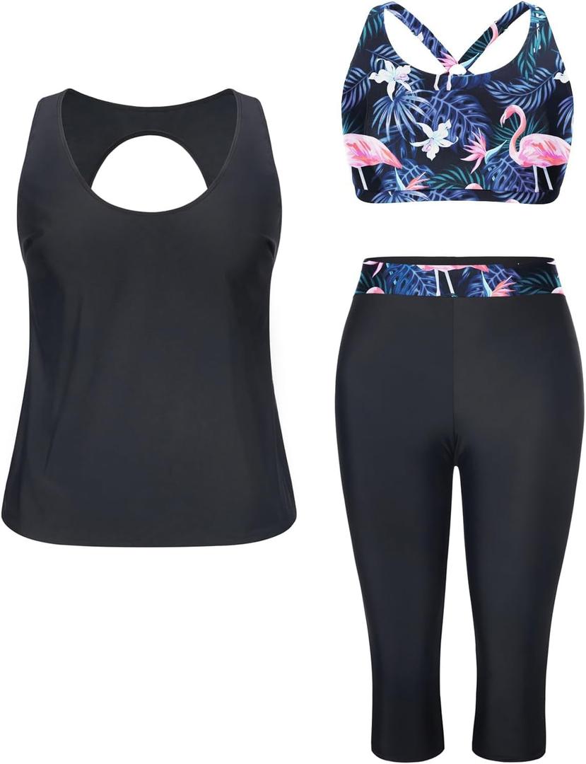 Yonique 3 Piece Plus Size Swimsuits for Women Tankini Tops with Sports Bra and Swim Capris Athletic Bathing Suits, 30 Plus, Black & Flamingo
