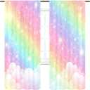 Cinbloo Rainbow Curtains 52Wx84H Inch Rod Pocket Kids Pastel Curtains Girls Cartoon Cute Colorful Sky Clouds Stars Aesthetic Art Printed Girly Princess Living Room Bedroom Window Drapes Fabric 2 Panel