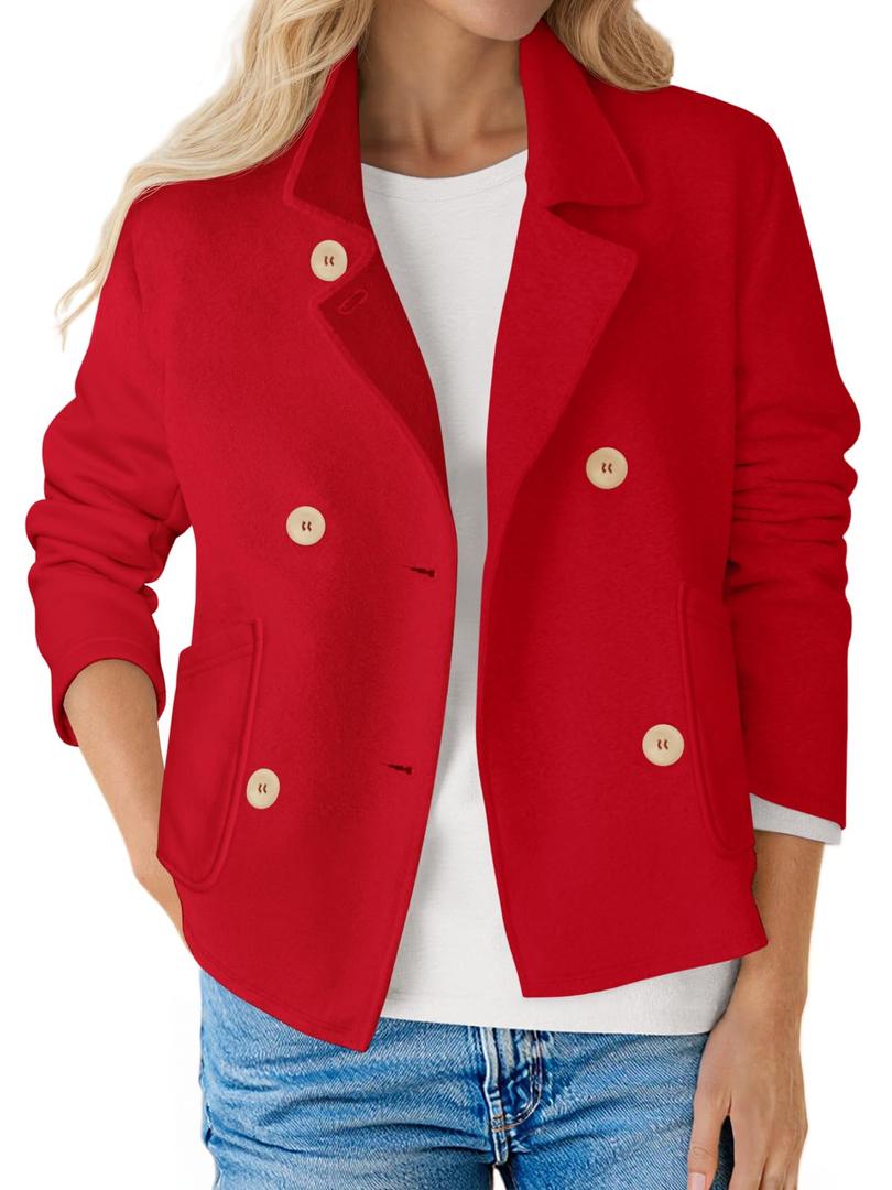 Fisoew Womens Cropped Blazers Double Breasted Button Open Front Long Sleeve Casual Business Blazer Jacket, Large