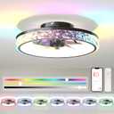 20" Smart RGB Ceiling Fan with Light and Remote/App Control. This bladeless fan has a sleek black design. It features a dimmable, color-changing RGB light. This makes it ideal for bedrooms, kids' room