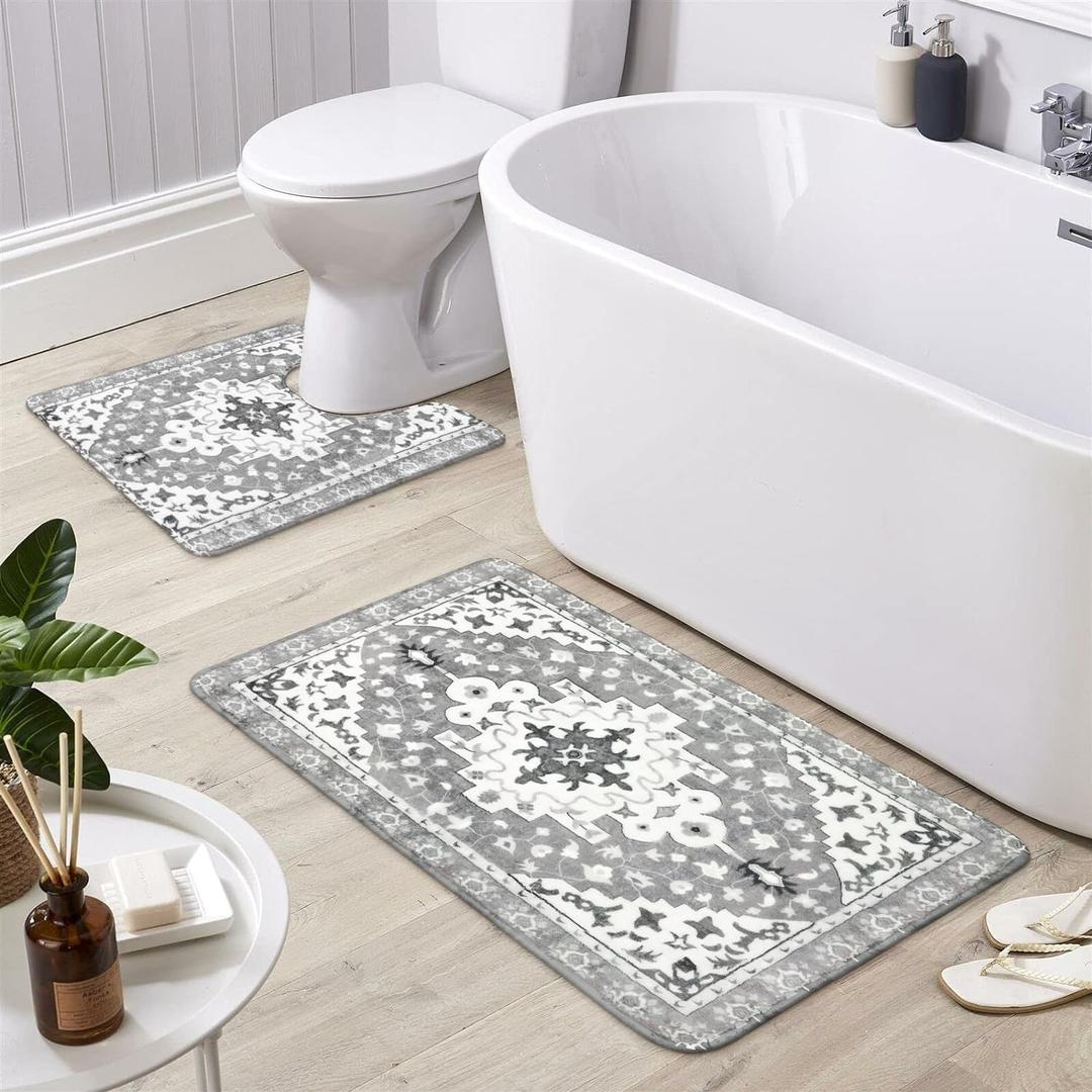 Uphome Boho Vintage Bathroom Rugs Sets 2 Piece Gray Non-Slip Soft Bath Mat with U-Shaped Contour Toilet Rug Machine Washable Oriental Aesthetic Bath Rugs Tribal Floral Floor Mats for Sink Tub Shower (Grey)