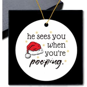 2 x Funny Ceramic Christmas Ornaments, Funny Christmas Tree Ornaments, Fun Xmas Gifts for Women Men, He Sees You When You're P Xmas Santa Cap Decorative Hanging Ornament for Tree Home