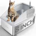 Stainless Steel Litter Box | XXL Deepened 8" Design Enclosed Box with Lid for Big Cats | High Sided, Anti-Urine Leakage | Non-Stick Bottom & Includes Litter Mat & Metal Scoop (Silver Gray)