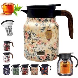 Insulated Tea Pots,Vintage Floral Pattern Tea Pot-Built-in Infuser,Colorful Vintage Floral Pattern Teas,Stainless Steel Teapot 1000mL with Lid for Hot Drinks,Pink(Wooden Handle,35OZ)