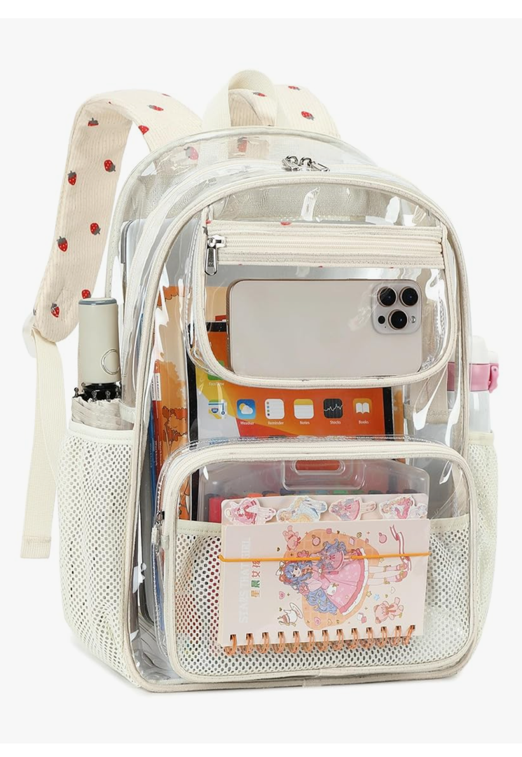 Bluboon Clear Backpack Heavy Duty Kids Boys Clear Bookbag See Through Backpacks with Pencil Case for College Work (Transparent Strawberry
