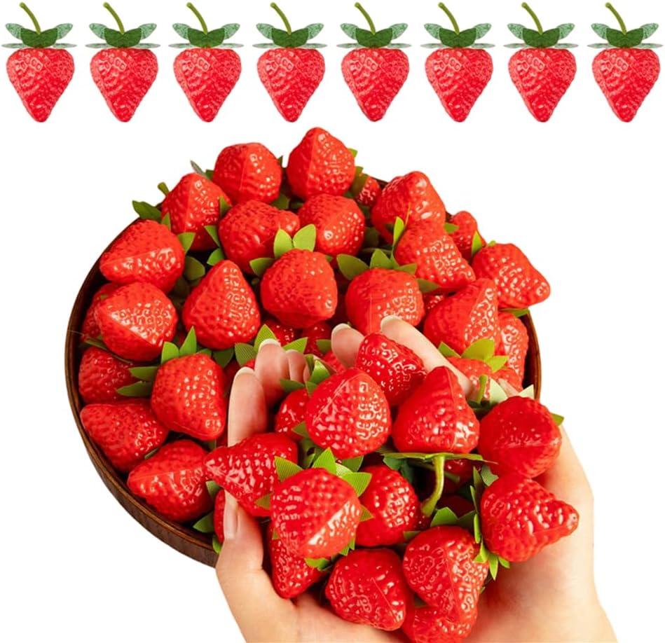 50 Pieces Artificial Red Strawberry Decor 1.3inch Fake Fruit Plastic Strawberries Lifelike Desktop Center Fake Strawberries Decorations,for Home Kitchen Party Decor Photography Prop