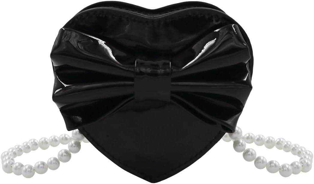 Cute Heart Shape Crossbody Bag for Girls Women Bowknot Heart Purse Glossy Leather Shoulder Purse Pearl Strap Mini Bag
