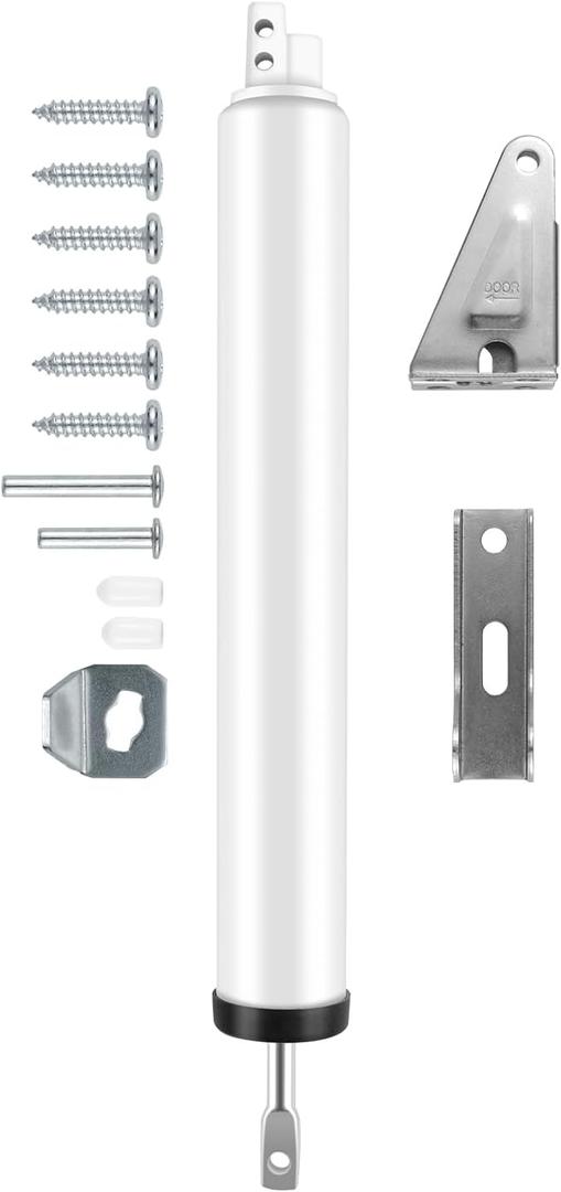 Screen and Storm Door Closer Kit, Heavy Duty Pneumatic Screen and Storm Door Closer, Screen and Storm Door Push Button Latch Set Replacement Kit, Adjust Smooth Closing Speed (White) (1 Piece)