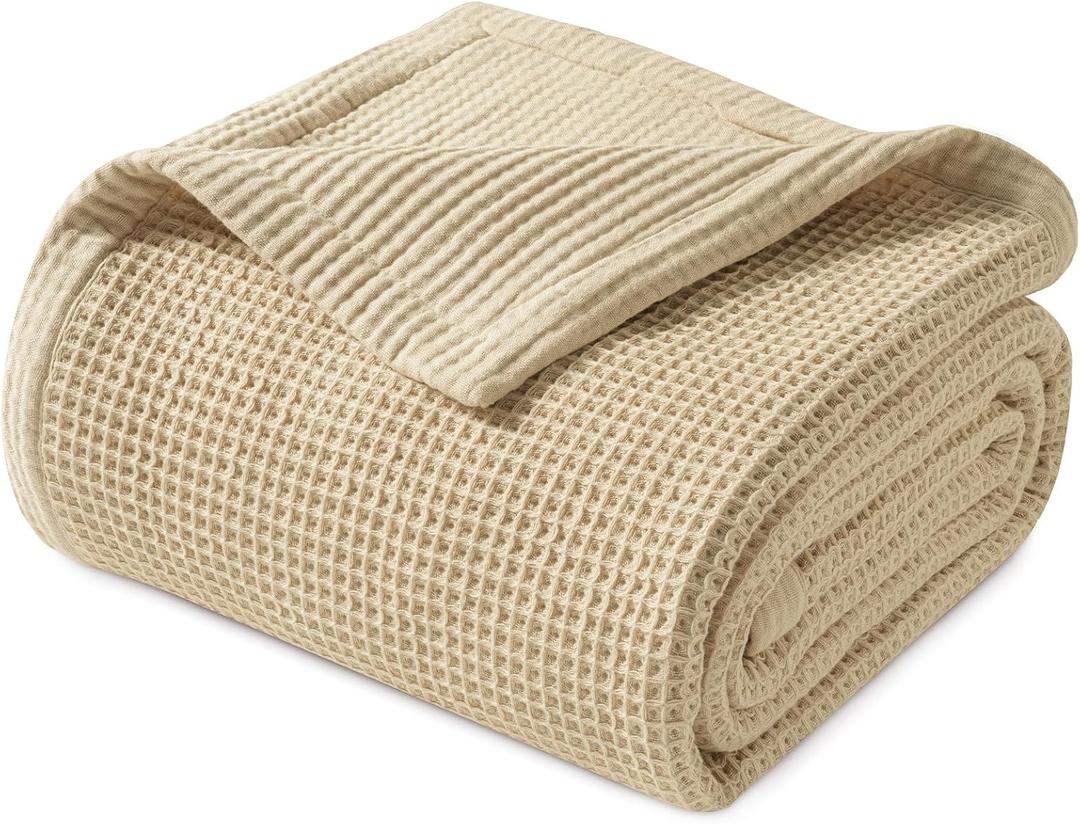 PHF Reversible Waffle & Muslin Blanket 100% Cotton 400GSM Queen Size 90" x 90", Breathable Lightweight and Soft, Luxury Aesthetic Waffle Gauze Blanket for Home Decor, Ideal Gift, Oak