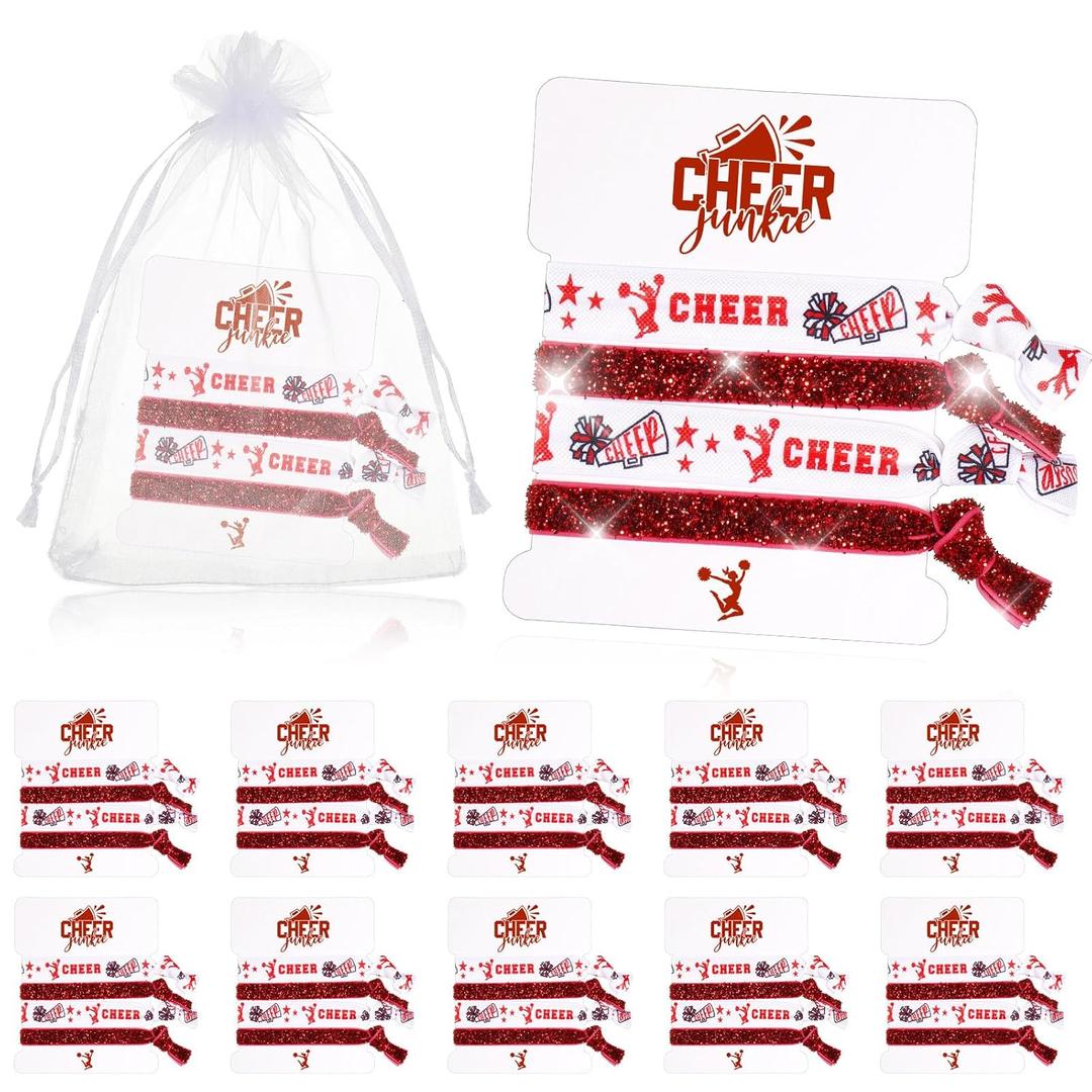 12 Pack Cheer Gifts Cheerleader Girl Hair Ties Bracelets with Organza Bags Elastic Glitter Bands Cheerleading Team Spirit Accessories Cheer Ponytail Holder for Girls Women Christmas Favor(Red)