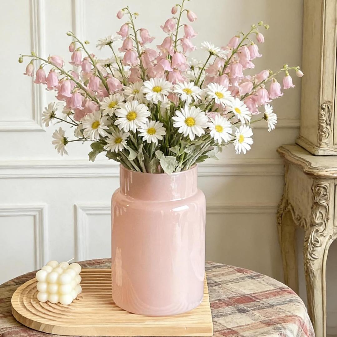 BLOFLO Pink Glass Vase, 9 Inch Large Glass Vase for Flowers, Modern Thick Glass Flower Vases for Centerpieces, Decorative Glass Cylinder Hydroponic Vase for Wedding, Home, Office (Pink, 9Inch)