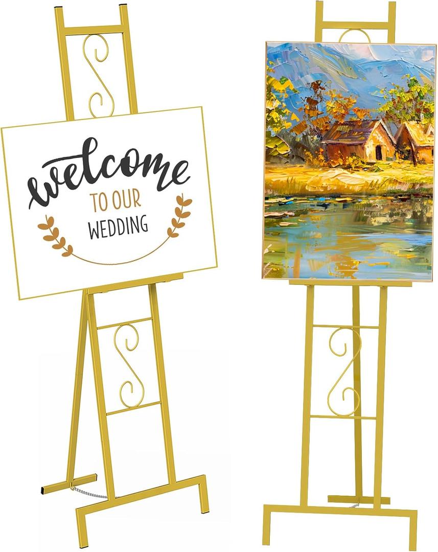 SEHERTIWY 58''H Gold Easel Stand for Sign, Adjustable Welcome Wedding Sign Stand for Display with Chain Support, Heavy Duty Metal Poster Easel Holder for Party Painting, 17'' x 17'' x 58''H（Pack of 1）