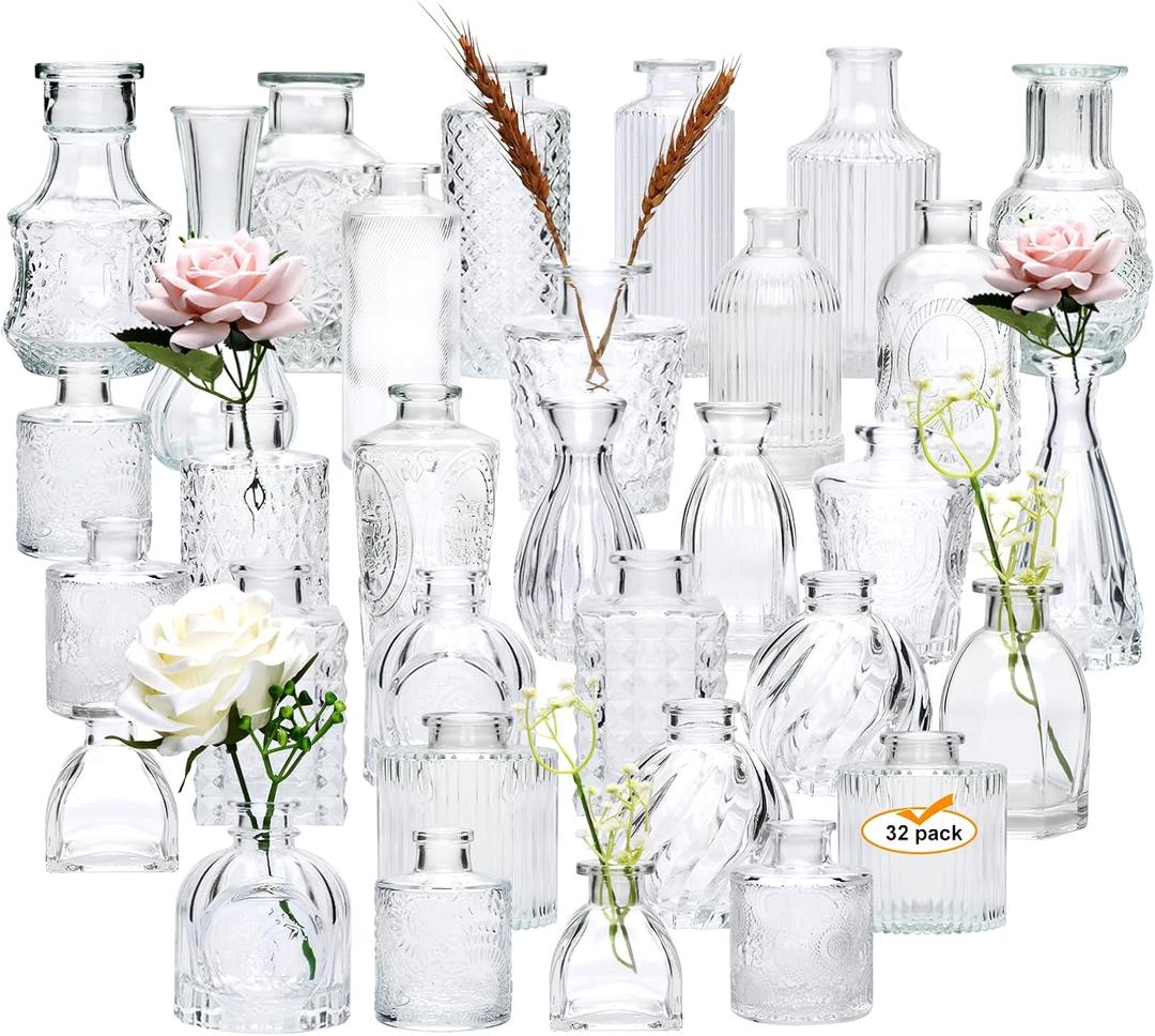 Brajttt Set of 32 Bud Vases for Flowers, Small Vintage Glass Bottles for Rustic Wedding Centerpieces and Home Decor (Clear-32pcs)