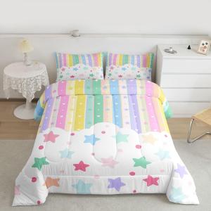 Feelyou Rainbow Stripe Comforter Set Queen Size Cute Star Pattern Bedding Set for Kids Boys Girls Colorful Stripes Duvet Quilt Princess Style Bedroom Decor 3 Pcs with 2 Pillow Cases
