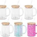 16 Oz Glass Snow Globe Tumbler Cup with Handle, Double Wall Snowglobe Tumbler Coffee Cup with Pre-Drilled Hole and Plug for Glitter Diy, 6 Pack (Clear)