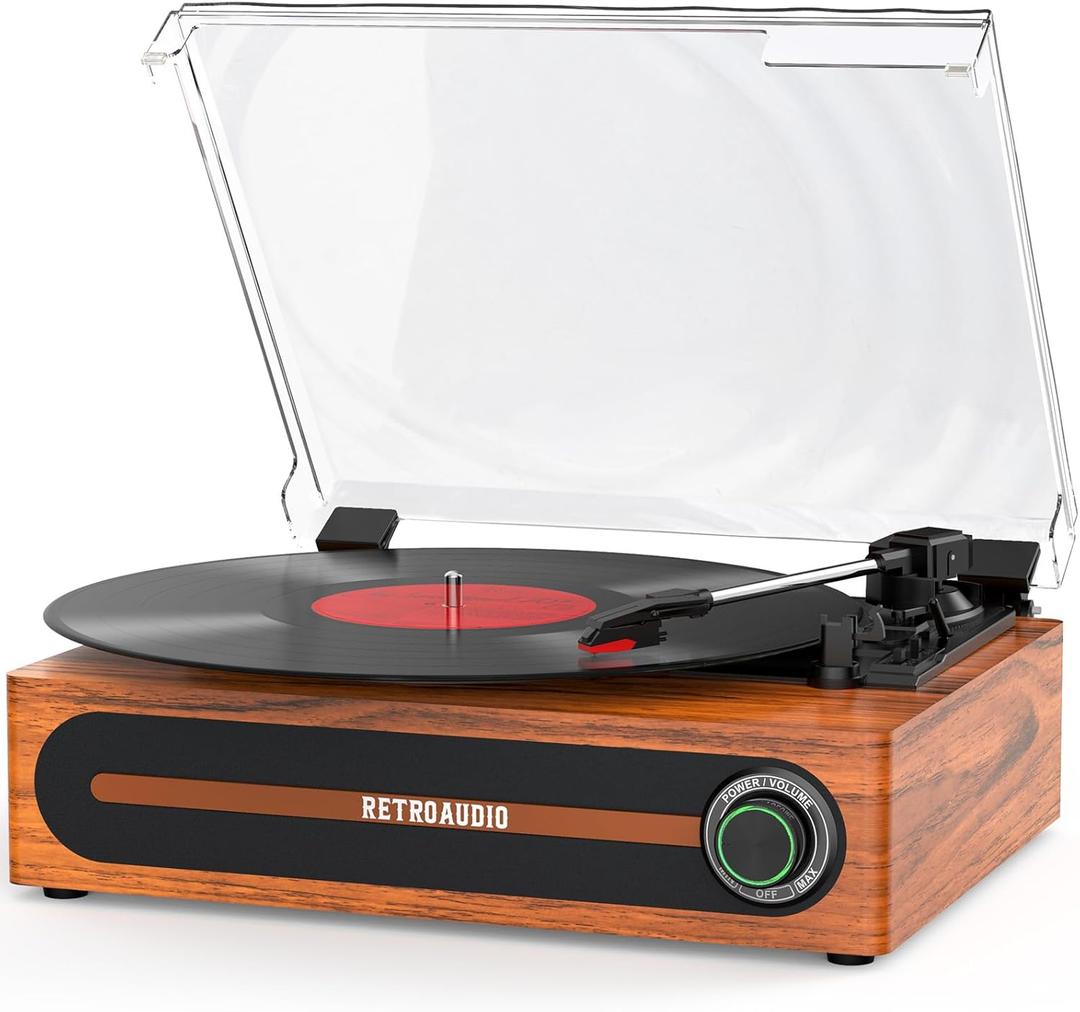 Record Player with Bulit-in Speaker Vintage Belt-Driven Turntable with Bluetooth Wireless Playback Support 3-Speed 33 1/3, 45, 78RPM AUX-in RCA Out Vinyl Players