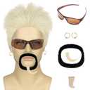 QACCF 5Pcs Mens Glasses Grey Wig Short Straight Grey Blonde Guy Spiky Halloween Costume Synthetic Wig With Earrings and Beard Goatee