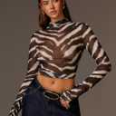 WDIRARA Women's Zebra Print Mesh Sheer T Shirts Mock Neck Long Sleeve Tee Y2k Fitted Crop Tops Army Green Large