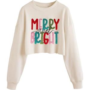 Womens Casual Merry Sweatshirts Merry and Bright Christmas Sweatshirt Long Sleeve Crop Graphic Tees Medium