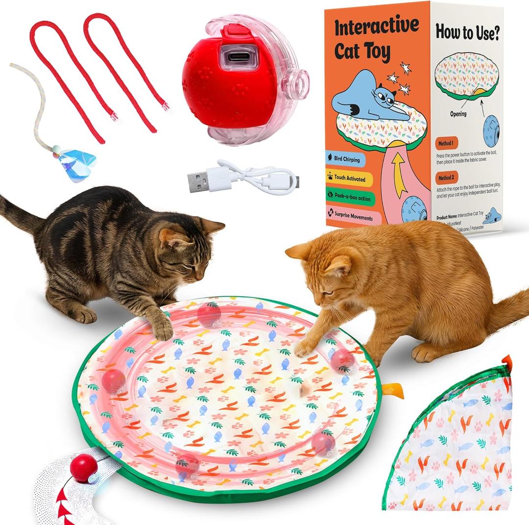 Interactive Cat Toys for Indoor Cats, Automatic Motion Activated Hide and Seek Cat Toy, Fast Rolling Ball in Cat Play Mat Keeps Cat Engaged (Red)