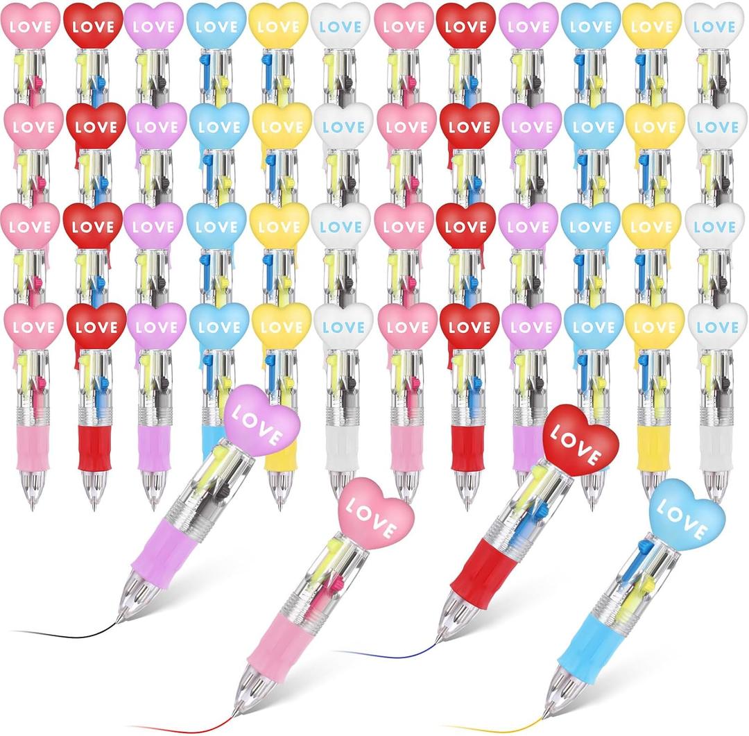 50 Pcs Multicolor Valentine Ballpoint Pen Bulk 4 in 1 Retractable Valentine Ballpoint Writing Pens Colored Mini Heart Gifts for Home Love Theme Party Supplies Favors Exchange Gifts