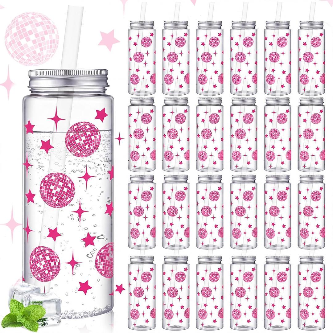 Reallnaive 24 Pcs Pink Disco Ball Cups Plastic Disco Ball Cups Bulk 14.2 oz Reusable Party Tumblers with Straws and Lids for Wedding Bridal Shower Cowgirl Birthday 70s 80s 90s Supplies