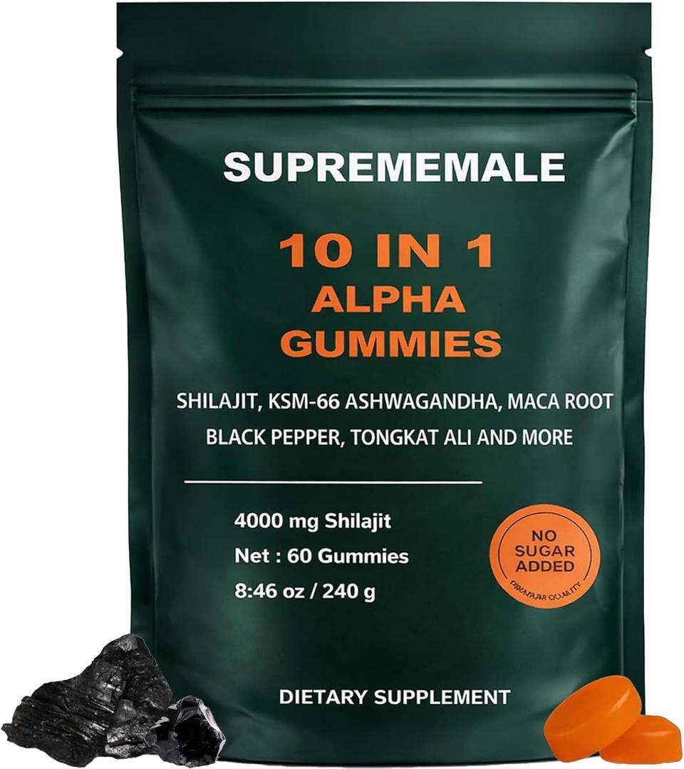 SupremeMale 10 in 1 Alpha Gummies for Men, Alpha Shilajit Gummies with Ashwagandha, Tongkat Ali & Black Musli, Supports Daily Energy, 60 Count(1 PC), Exp: 02/2028