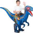 Spooktacular Creations Kids Halloween Raptor Inflatable Costume, LED Eyes Ride Raptor Dinosaur Blow Up for Halloween Party (Small, Blue)