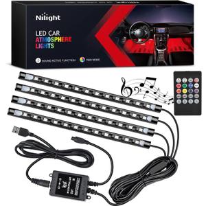 Nilight 48 LEDs DC 5V Multicolor Music Car Strip Light Under Dash Lighting Kit with Sound Active Function and Wireless Remote Control, 4PCS USB Interior Lights