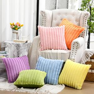 Mixweer 6 Pcs Pastel Throw Pillow Covers 18x18 Inch Faux Fur Plush Pillow Covers Decorative Striped Soft Pillowcase for Sofa Couch Cushion Bedroom Living Room (Multicolor)