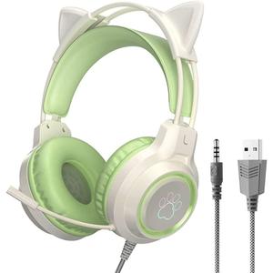 Gaming Headset with Removable Cat Ears, 3.5mm Wired Headphones with Adjustable Microphone, Extendable Padded headband, Noise Cancelling and RGB Light Headphones for Xbox/PS4/Switch/Mac/Phone (Green)