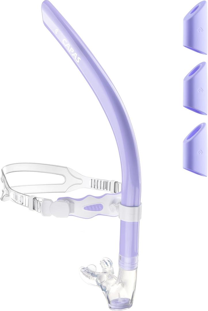 CAPAS Training Swim Snorkel for Lap Swimming, Swivel Headband Ultimate Fit Center-Mount Swimmers Snorkel with Liquid Silicone Mouthpiece Adjustable Strap, Designed for Adult Men Women (Purple White)