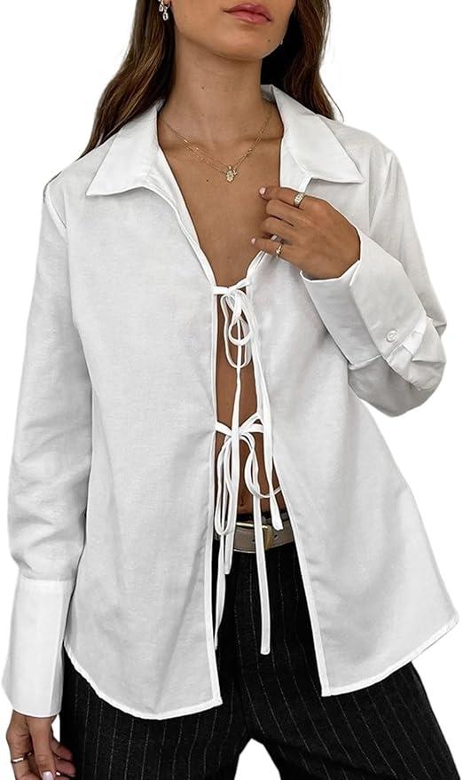 Linen Tops for Women - V Neck Tie Front Tops Long Sleeve Blouse Shirt Top Summer Casual Going Out Tops (White, XXL)