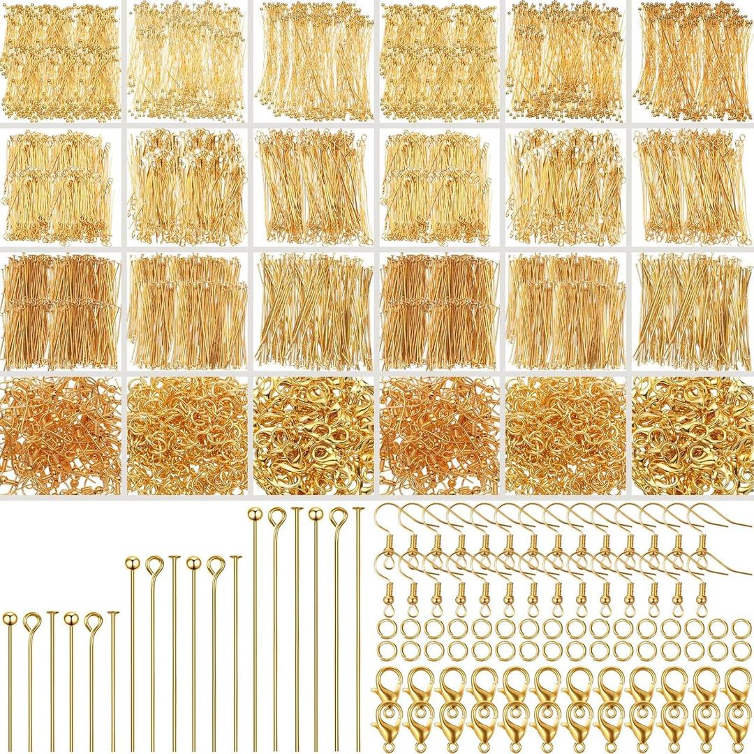 HyDren 2600 Pcs Jewelry Making Supplies Eye Flat Head Ball Pins Lobster Clasps Jump Rings Earring Hooks Backs Set Jewelry Making Findings Accessories Kit for Earring Bracelet DIY Crafts(Gold)